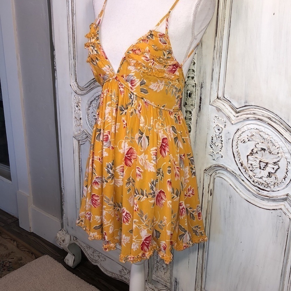 Angel Biba Mustard Color Floral Spaghetti Strap Festival Babydoll Dress Size S - Picture 5 of 13